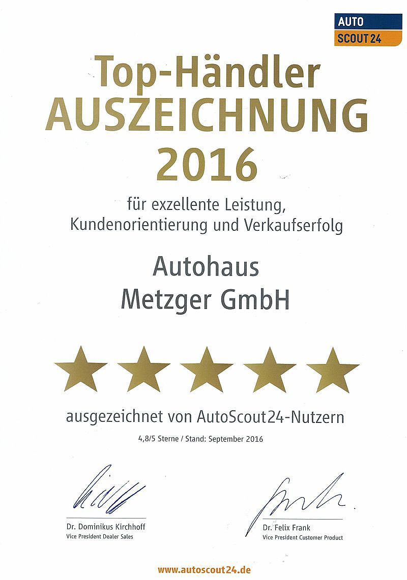 07.11.2016 – TOYOTA METZGER ALS TOP-HÄNDLER 2016 AUSGEZEICHNET!